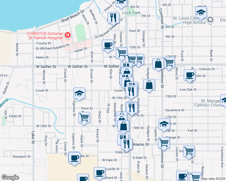 map of restaurants, bars, coffee shops, grocery stores, and more near 134 Louie Street in Lake Charles