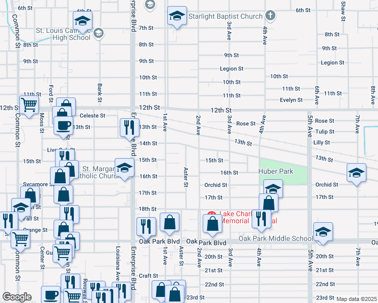 map of restaurants, bars, coffee shops, grocery stores, and more near 2309 Aster Street in Lake Charles