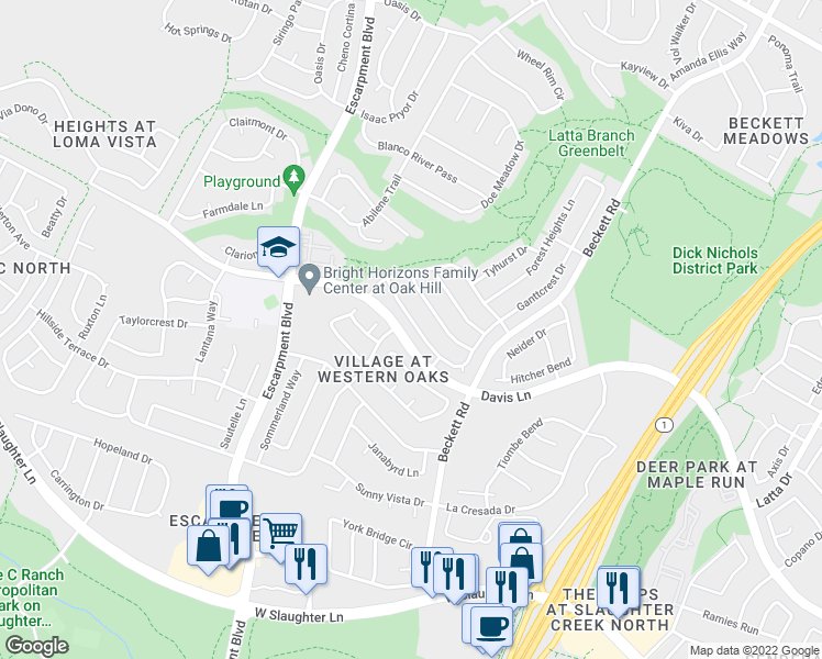 map of restaurants, bars, coffee shops, grocery stores, and more near 5811 Pecanwood Lane in Austin
