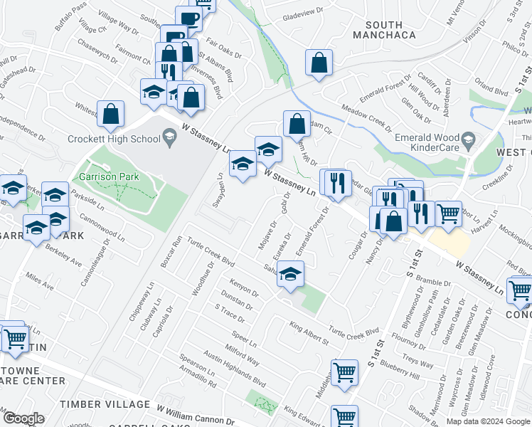 map of restaurants, bars, coffee shops, grocery stores, and more near 5801 Libyan Drive in Austin