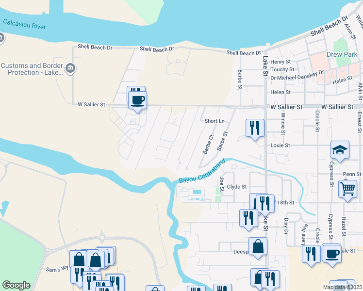 map of restaurants, bars, coffee shops, grocery stores, and more near 2300 La Cache Drive in Lake Charles