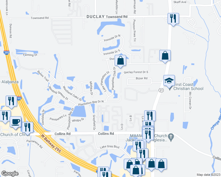 map of restaurants, bars, coffee shops, grocery stores, and more near 7548 Plantation Club Drive in Jacksonville