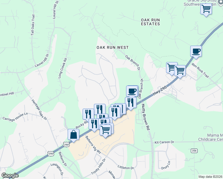 map of restaurants, bars, coffee shops, grocery stores, and more near 370 Ledge Stone Drive in Austin