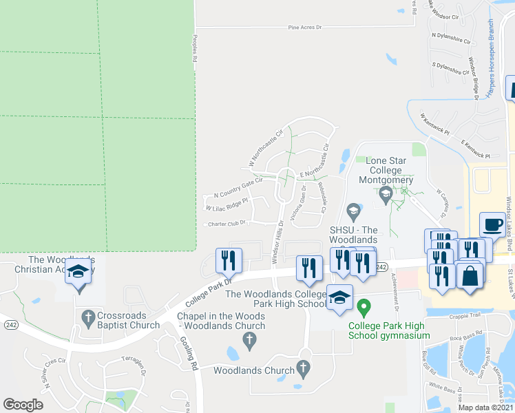 map of restaurants, bars, coffee shops, grocery stores, and more near 58 Golden Berry Drive in Conroe