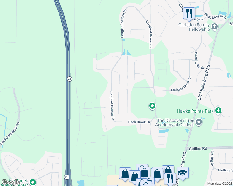 map of restaurants, bars, coffee shops, grocery stores, and more near 6440 Longleaf Branch Drive in Jacksonville