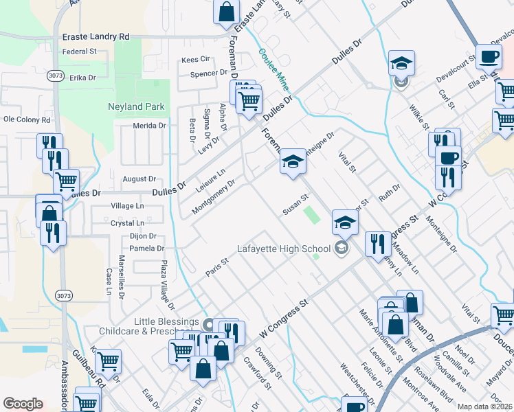 map of restaurants, bars, coffee shops, grocery stores, and more near 715 Marie Antoinette St in Lafayette