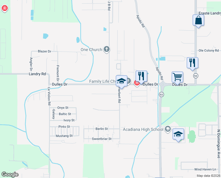 map of restaurants, bars, coffee shops, grocery stores, and more near 2359-2517 Dulles Drive in Lafayette