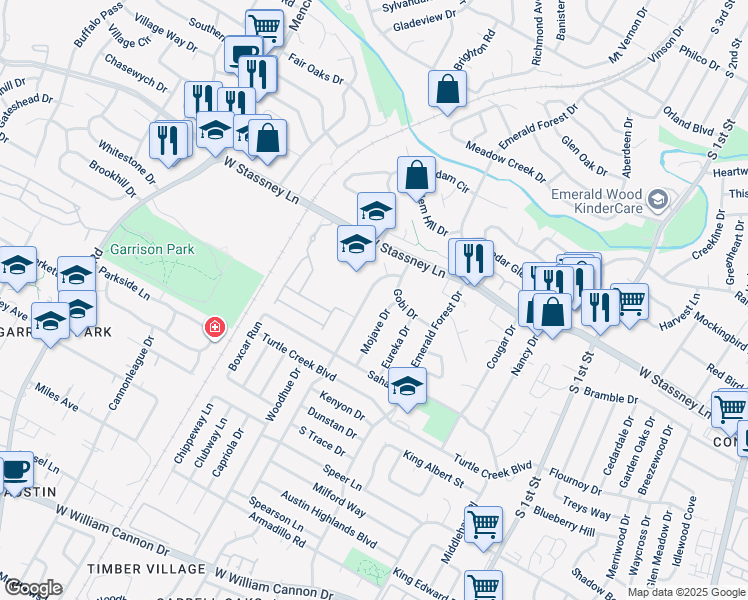 map of restaurants, bars, coffee shops, grocery stores, and more near 5801 Libyan Drive in Austin