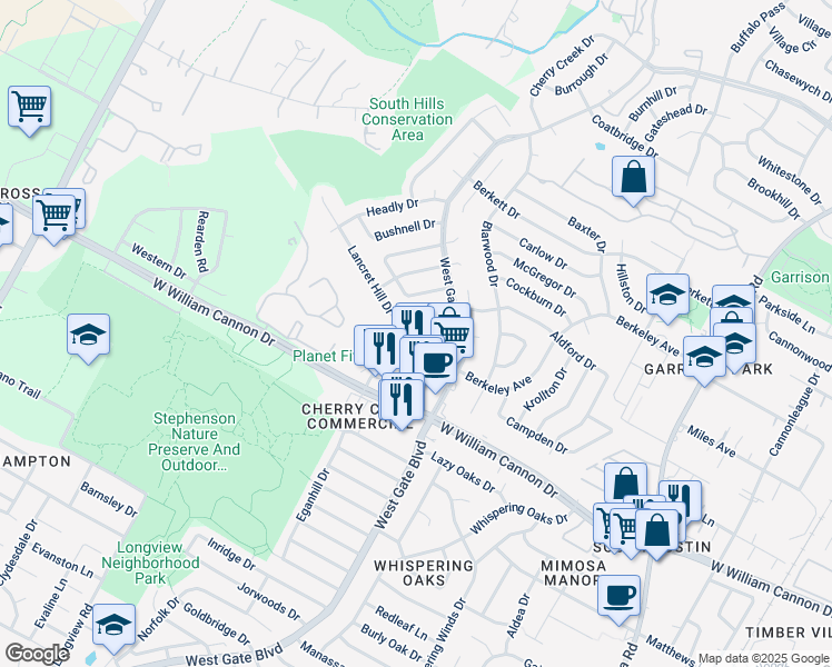 map of restaurants, bars, coffee shops, grocery stores, and more near 6728 Lancret Hill Drive in Austin