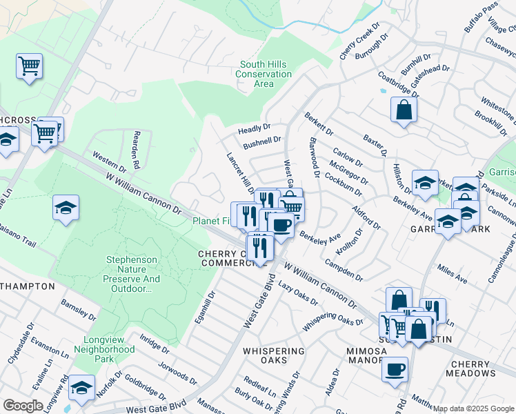 map of restaurants, bars, coffee shops, grocery stores, and more near 6728 Lancret Hill Drive in Austin