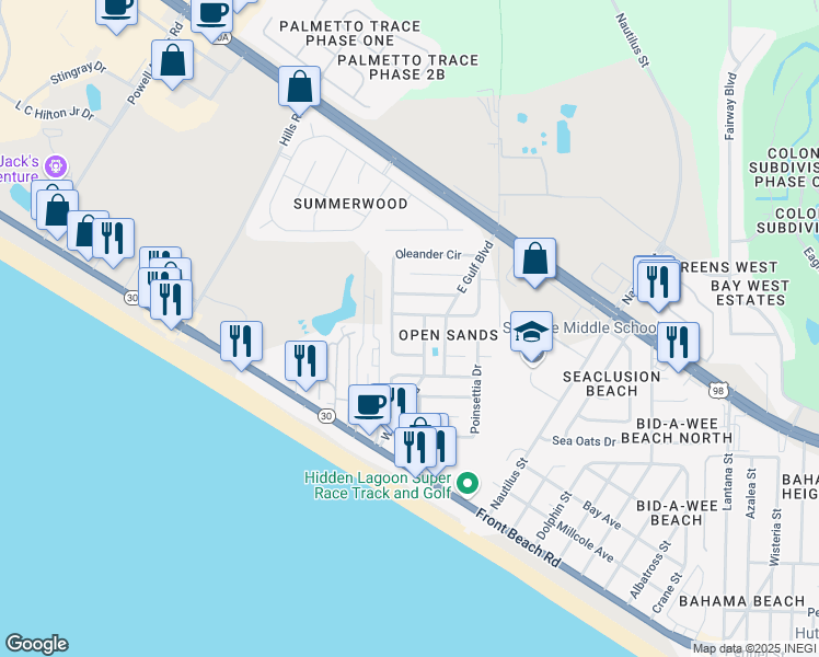 map of restaurants, bars, coffee shops, grocery stores, and more near 504 West Gulf Court in Panama City Beach