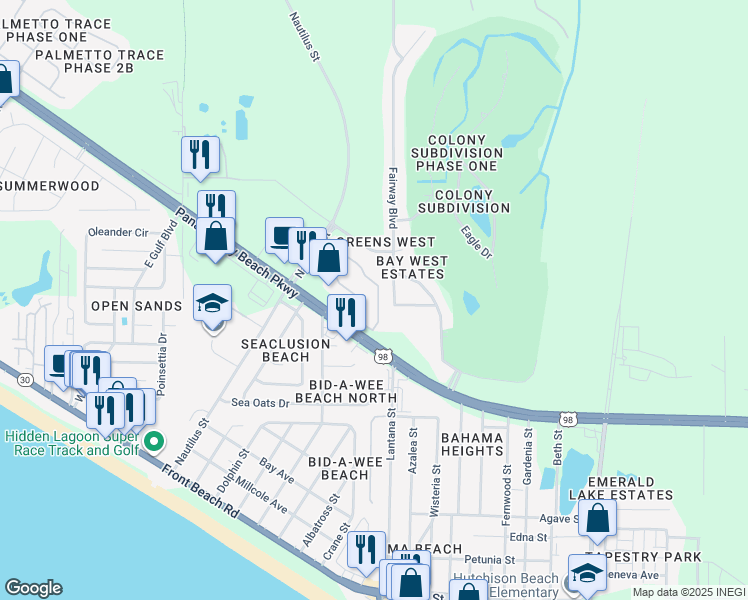 map of restaurants, bars, coffee shops, grocery stores, and more near 215 Birdie Lane in Panama City Beach