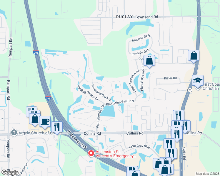 map of restaurants, bars, coffee shops, grocery stores, and more near 7538 Lirope Street in Jacksonville