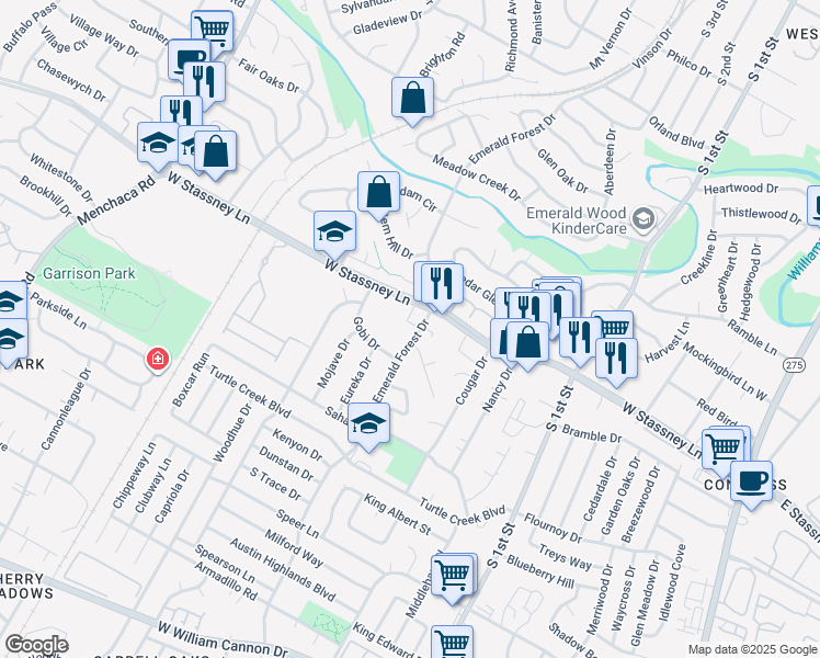 map of restaurants, bars, coffee shops, grocery stores, and more near 5622 Emerald Forest Drive in Austin