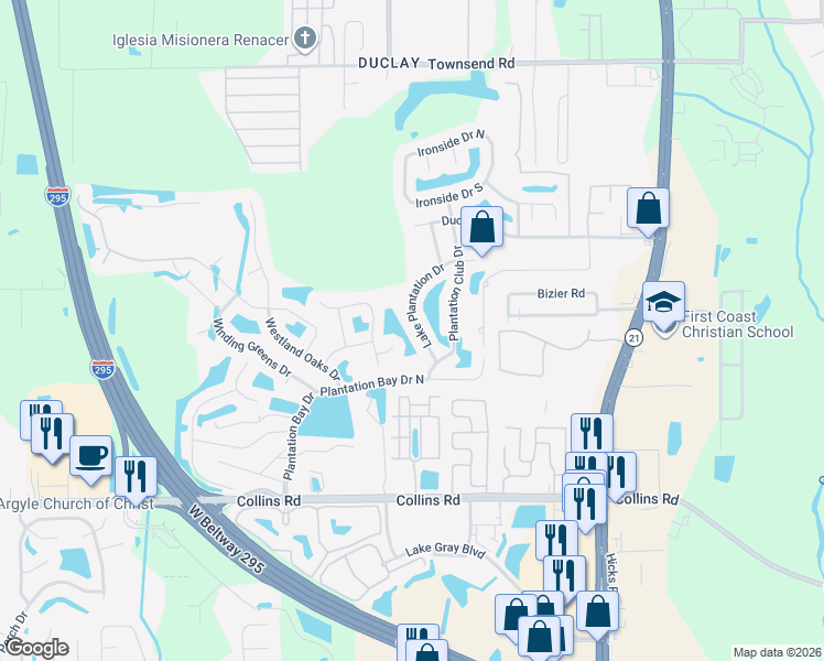 map of restaurants, bars, coffee shops, grocery stores, and more near 6353 Lake Plantation Drive in Jacksonville