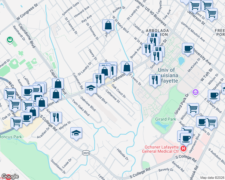 map of restaurants, bars, coffee shops, grocery stores, and more near 114 Whittington Drive in Lafayette