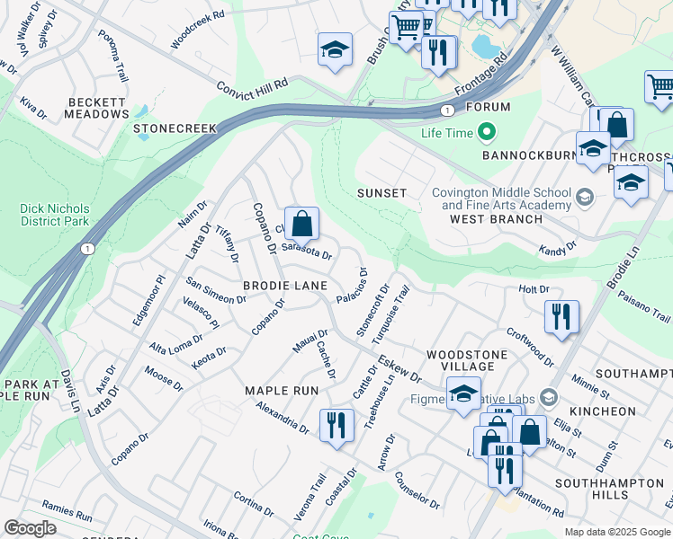 map of restaurants, bars, coffee shops, grocery stores, and more near 4302 Clarno Drive in Austin