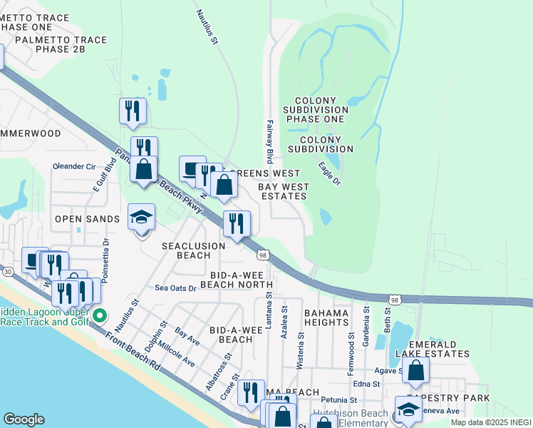 map of restaurants, bars, coffee shops, grocery stores, and more near 215 Birdie Lane in Panama City Beach