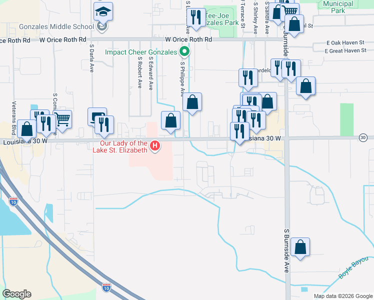 map of restaurants, bars, coffee shops, grocery stores, and more near 2628 South Roth Avenue in Gonzales