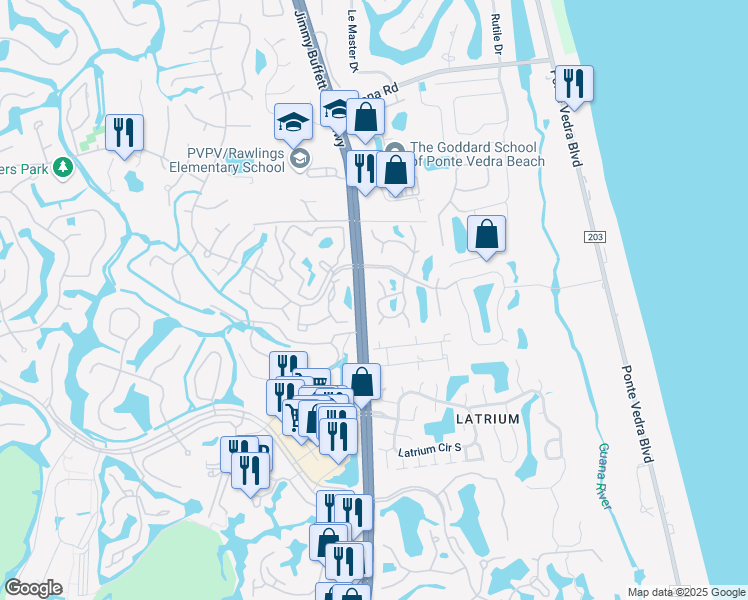 map of restaurants, bars, coffee shops, grocery stores, and more near 33 Shoreline Circle in Ponte Vedra Beach