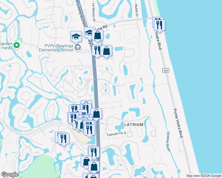 map of restaurants, bars, coffee shops, grocery stores, and more near 868 Shoreline Circle in Ponte Vedra Beach