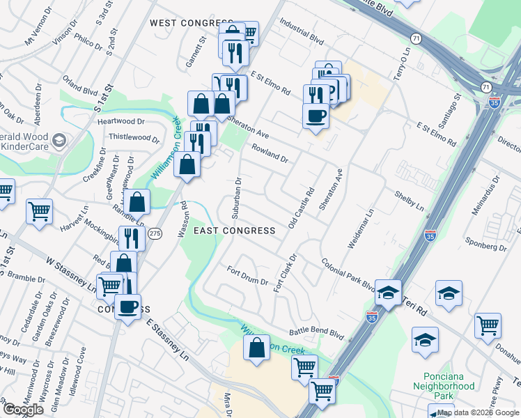 map of restaurants, bars, coffee shops, grocery stores, and more near 307 Tilbury Lane in Austin