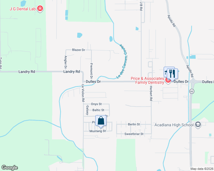 map of restaurants, bars, coffee shops, grocery stores, and more near 2539 Dulles Drive in Lafayette