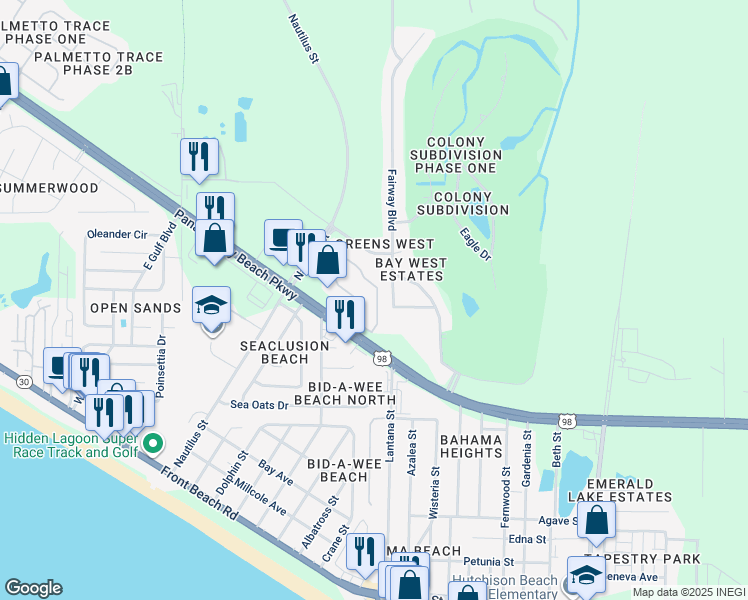 map of restaurants, bars, coffee shops, grocery stores, and more near 215 Birdie Lane in Panama City Beach