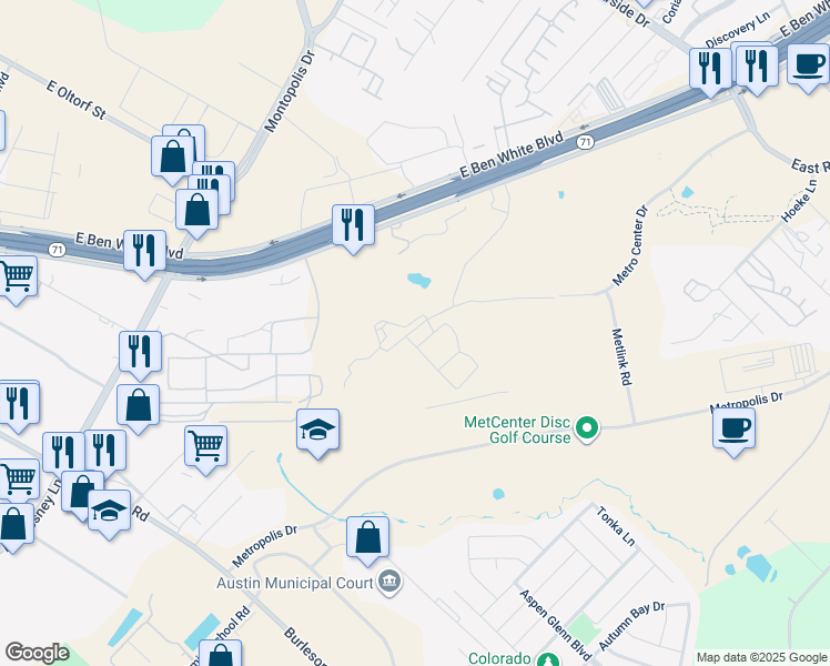 map of restaurants, bars, coffee shops, grocery stores, and more near 6800 Burleson Road in Austin