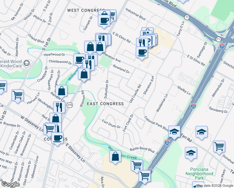 map of restaurants, bars, coffee shops, grocery stores, and more near 307 Tilbury Lane in Austin