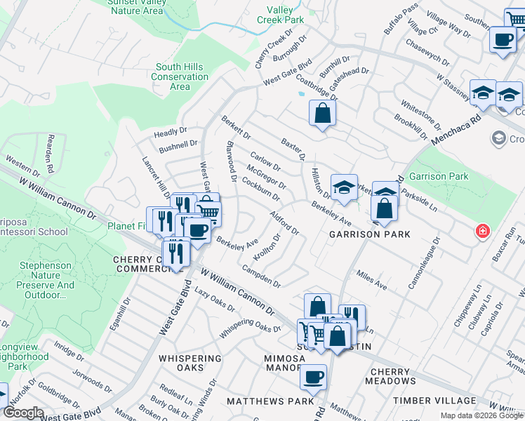 map of restaurants, bars, coffee shops, grocery stores, and more near 6605 Wilton Circle in Austin