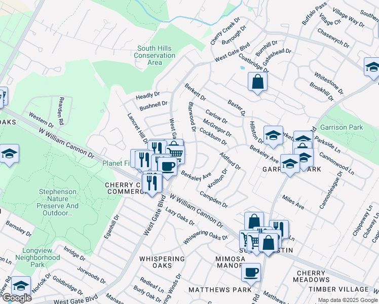 map of restaurants, bars, coffee shops, grocery stores, and more near 2600 Brickford Cove in Austin