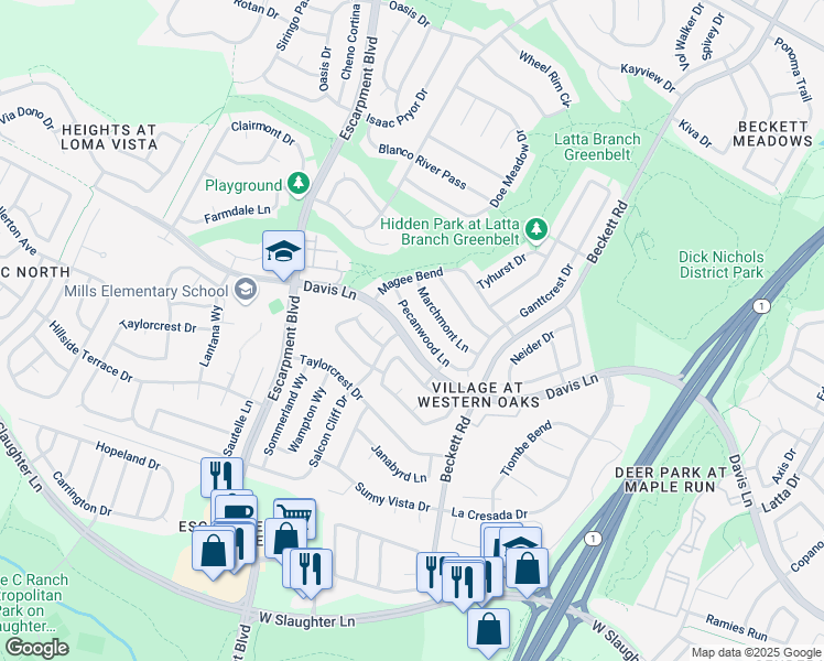 map of restaurants, bars, coffee shops, grocery stores, and more near 5811 Pecanwood Lane in Austin
