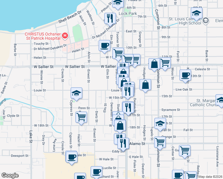map of restaurants, bars, coffee shops, grocery stores, and more near 134 Louie Street in Lake Charles