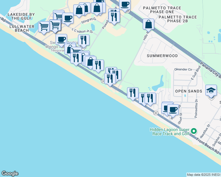 map of restaurants, bars, coffee shops, grocery stores, and more near 15405 Front Beach Road in Panama City Beach