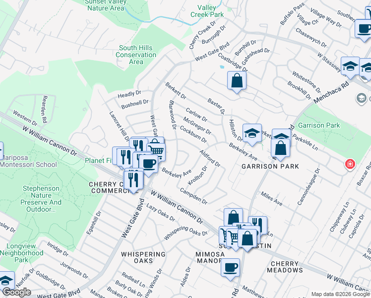 map of restaurants, bars, coffee shops, grocery stores, and more near 6605 Wilton Circle in Austin