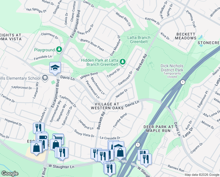map of restaurants, bars, coffee shops, grocery stores, and more near 8604 Ganttcrest Drive in Austin