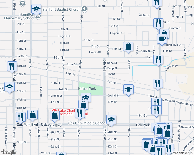 map of restaurants, bars, coffee shops, grocery stores, and more near 2117 13th Street in Lake Charles