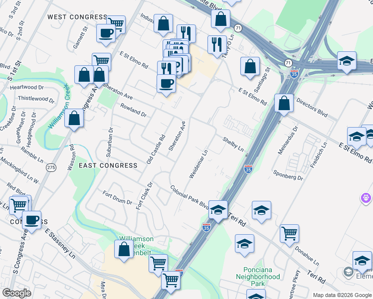 map of restaurants, bars, coffee shops, grocery stores, and more near 600 Colonial Park Boulevard in Austin