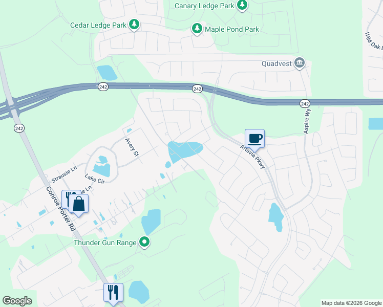 map of restaurants, bars, coffee shops, grocery stores, and more near 17522 Sunset Skies Road in Conroe