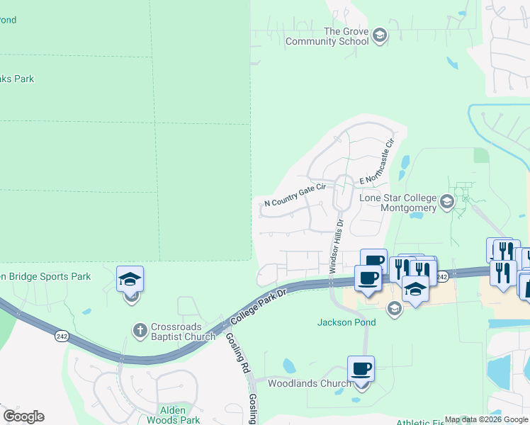 map of restaurants, bars, coffee shops, grocery stores, and more near 147 West Lilac Ridge Place in Conroe