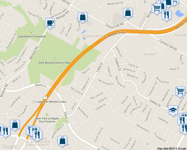 map of restaurants, bars, coffee shops, grocery stores, and more near 4710 San Simeon Drive in Austin