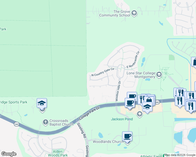map of restaurants, bars, coffee shops, grocery stores, and more near 198 Lilac Ridge Court in Conroe