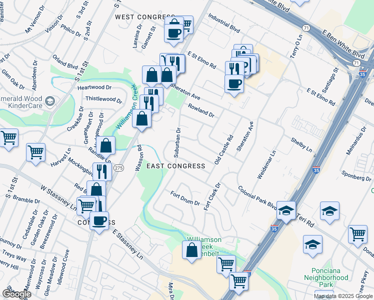 map of restaurants, bars, coffee shops, grocery stores, and more near 307 Tilbury Ln in Austin