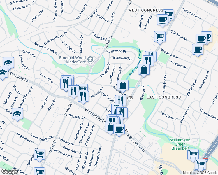 map of restaurants, bars, coffee shops, grocery stores, and more near 327 Ramble Lane in Austin