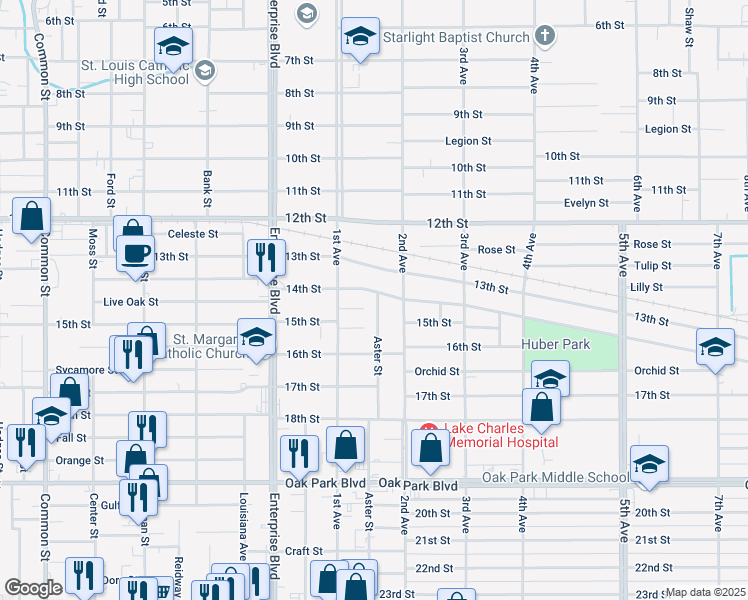 map of restaurants, bars, coffee shops, grocery stores, and more near 2309 Aster Street in Lake Charles