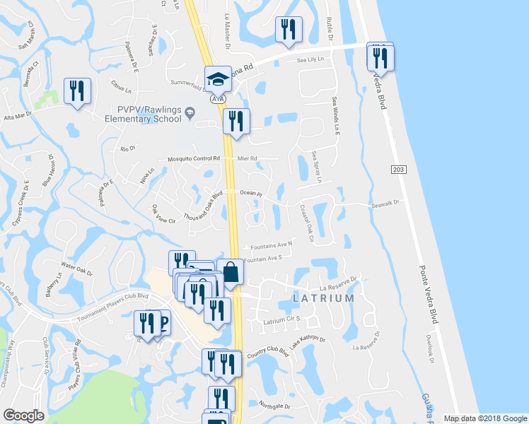 map of restaurants, bars, coffee shops, grocery stores, and more near 860 Shoreline Circle in Ponte Vedra Beach