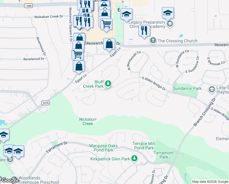 map of restaurants, bars, coffee shops, grocery stores, and more near 66 North Goldenvine Circle in Spring