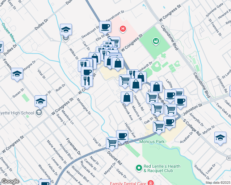 map of restaurants, bars, coffee shops, grocery stores, and more near 200 Theater Street in Lafayette