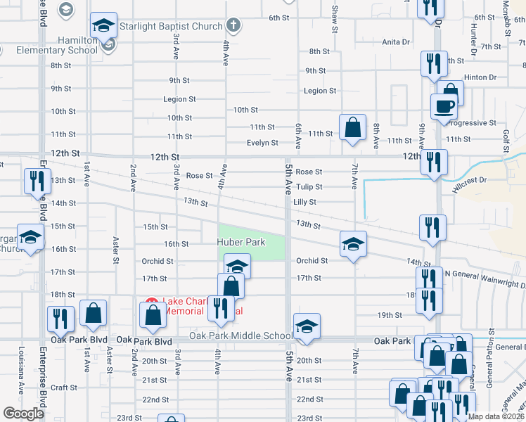 map of restaurants, bars, coffee shops, grocery stores, and more near 2117 13th Street in Lake Charles